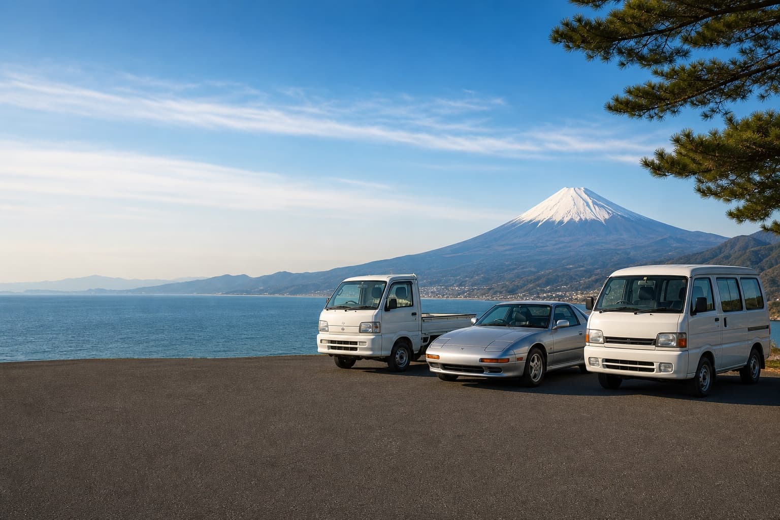 A Japanese kei truck, sports coupe, and van parked on a coastal overlook with Mount Fuji behind them